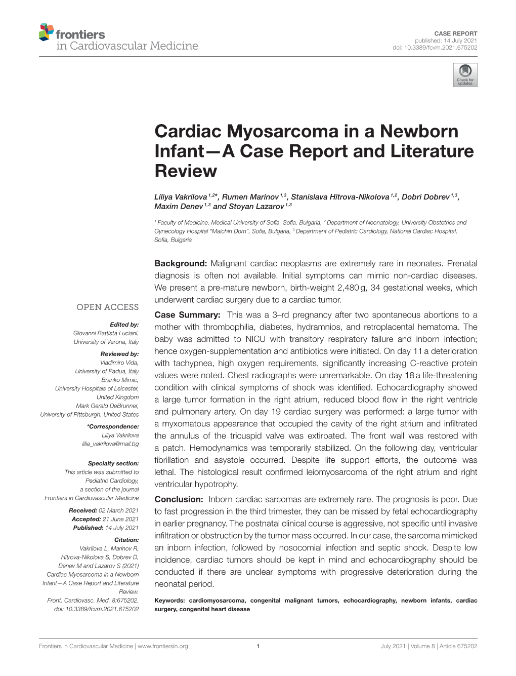 Cardiac Myosarcoma in a Newborn Infant—A Case Report and Literature Review