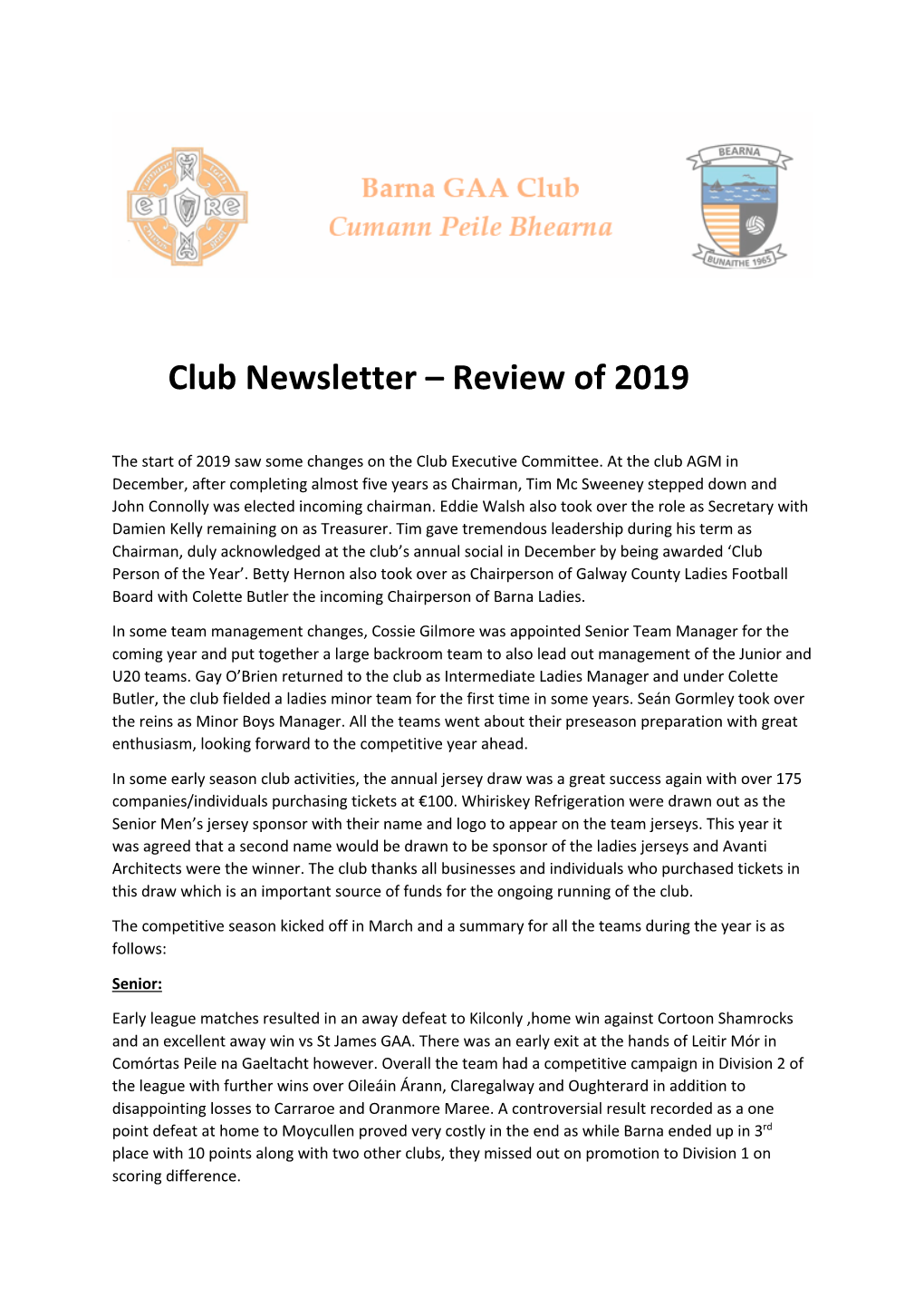 Club Newsletter – Review of 2019