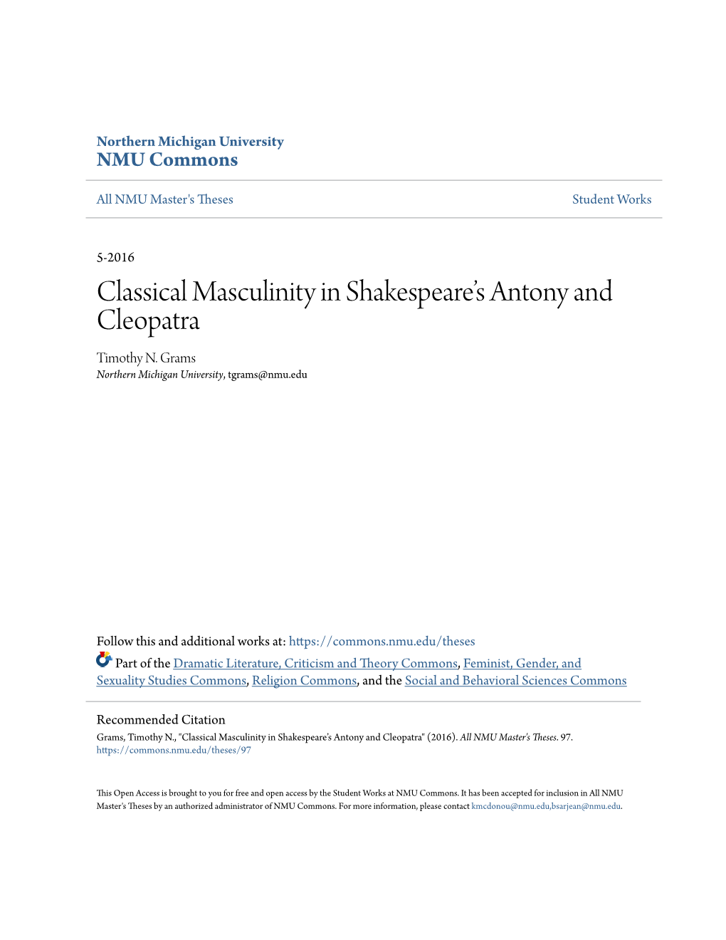 Classical Masculinity in Shakespeare's Antony and Cleopatra