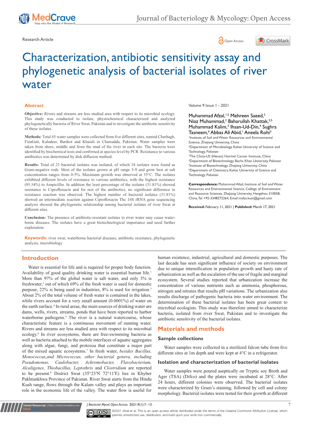 Characterization, Antibiotic Sensitivity Assay and Phylogenetic Analysis of Bacterial Isolates of River Water