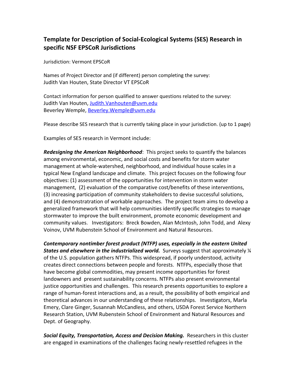 Template for Description of Social-Ecological Systems (SES) Research in Specific NSF Epscor