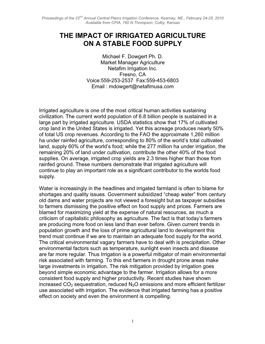 The Impact of Irrigated Agriculture on a Stable Food Supply