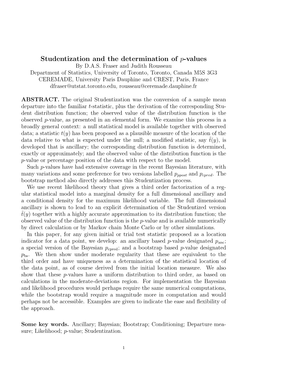 Studentization and the Determination of P-Values by D.A.S