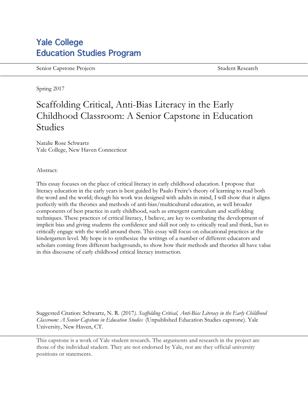 Scaffolding Critical, Anti-Bias Literacy in the Early Childhood Classroom: a Senior Capstone in Education Studies