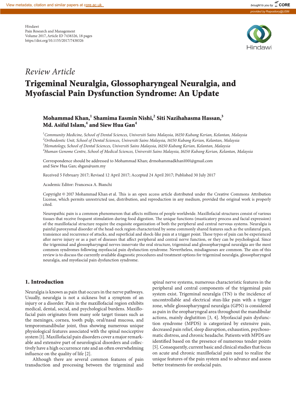 Review Article Trigeminal Neuralgia, Glossopharyngeal Neuralgia, and Myofascial Pain Dysfunction Syndrome: an Update