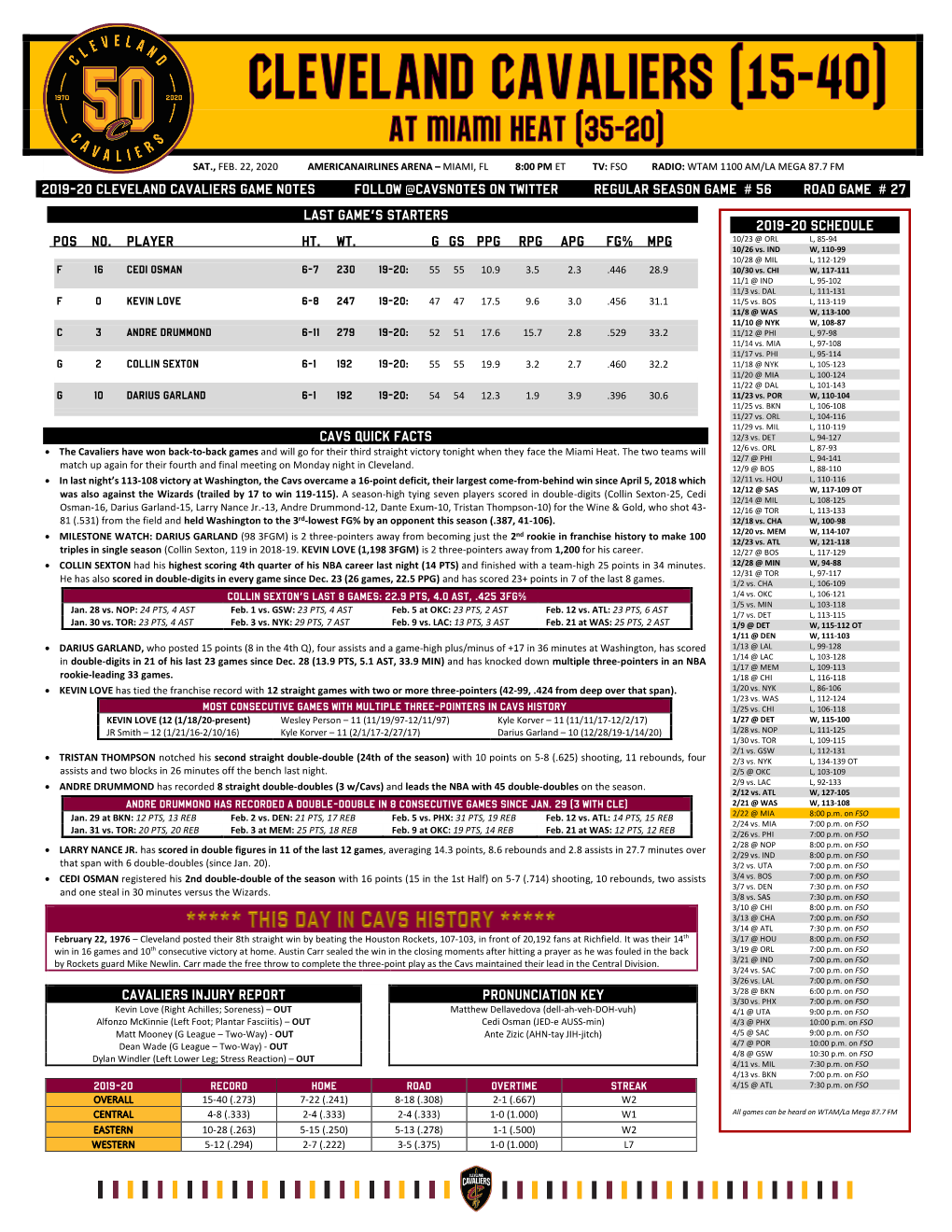 2019-20 Cleveland Cavaliers Game Notes Follow @Cavsnotes on Twitter Regular Season Game # 56 Road Game # 27