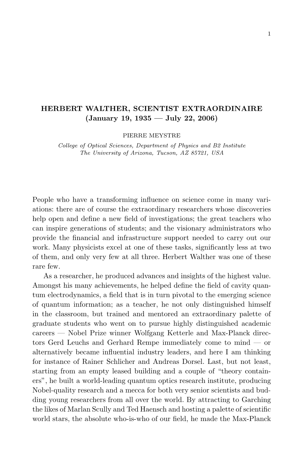 HERBERT WALTHER, SCIENTIST EXTRAORDINAIRE (January 19, 1935 — July 22, 2006)