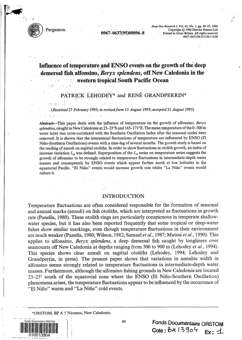 Influence of Temperature and ENSO Events on the Growth of the Deep Demersal Fish,’Alfonsino,$Eryx Splendens, Off New Caledonia in The