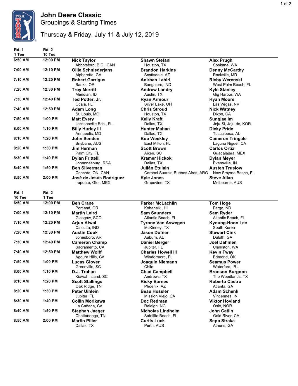 John Deere Classic Groupings & Starting Times Thursday & Friday, July 11 & July 12, 2019