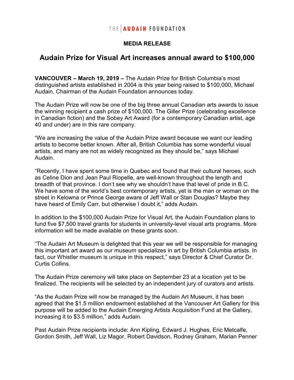 Audain Prize for Visual Art Increases Annual Award to $100,000