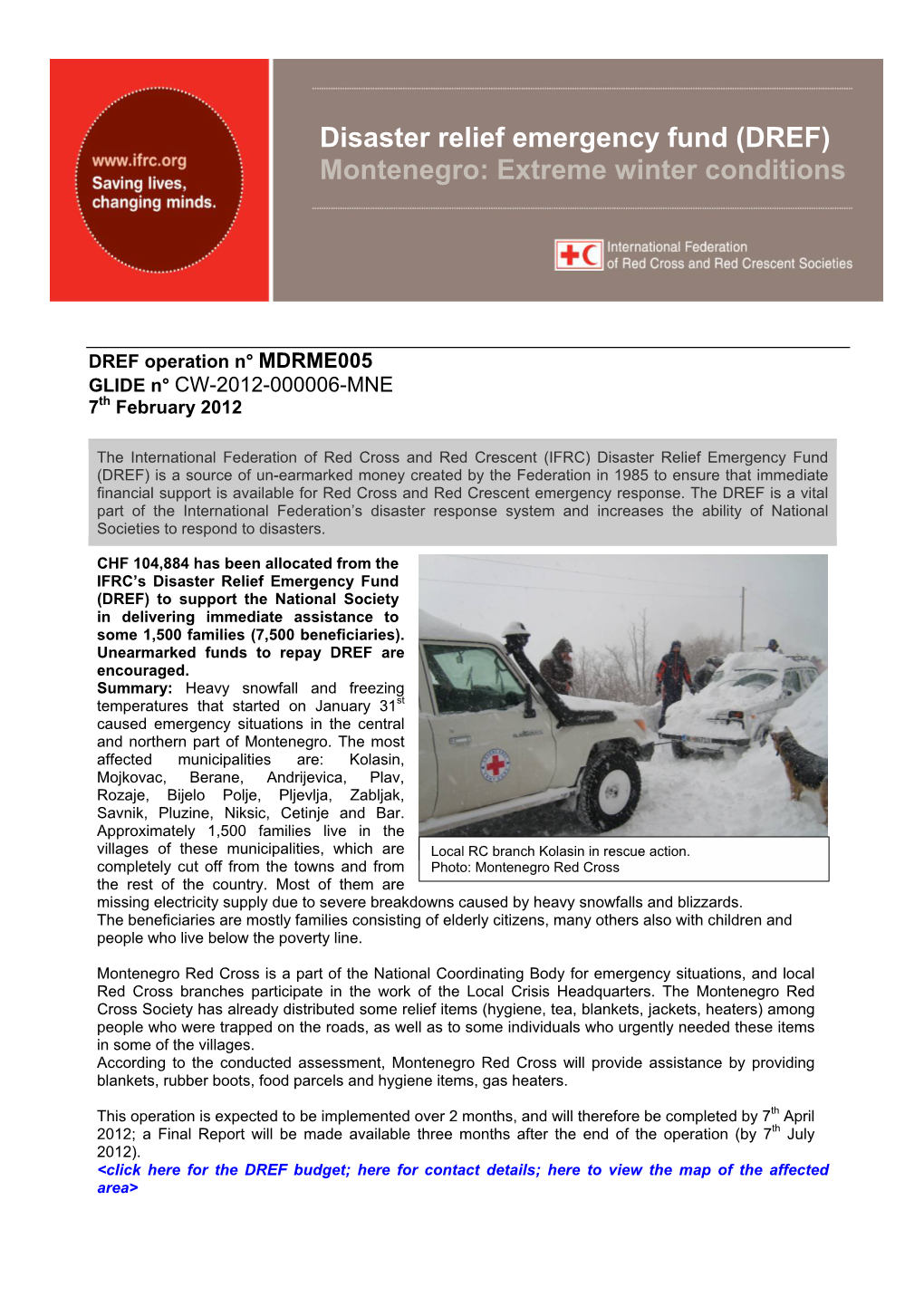 Disaster Relief Emergency Fund (DREF) Montenegro: Extreme Winter Conditions