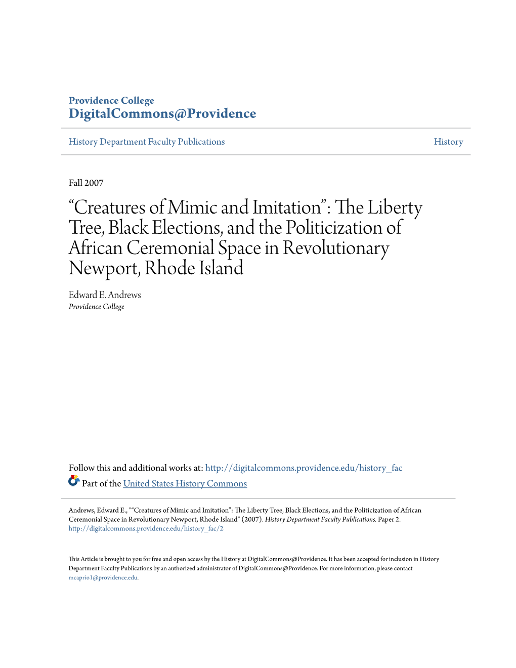 The Liberty Tree, Black Elections, and the Politicization of African Ceremonial Space in Revolutionary Newport, Rhode Island Edward E