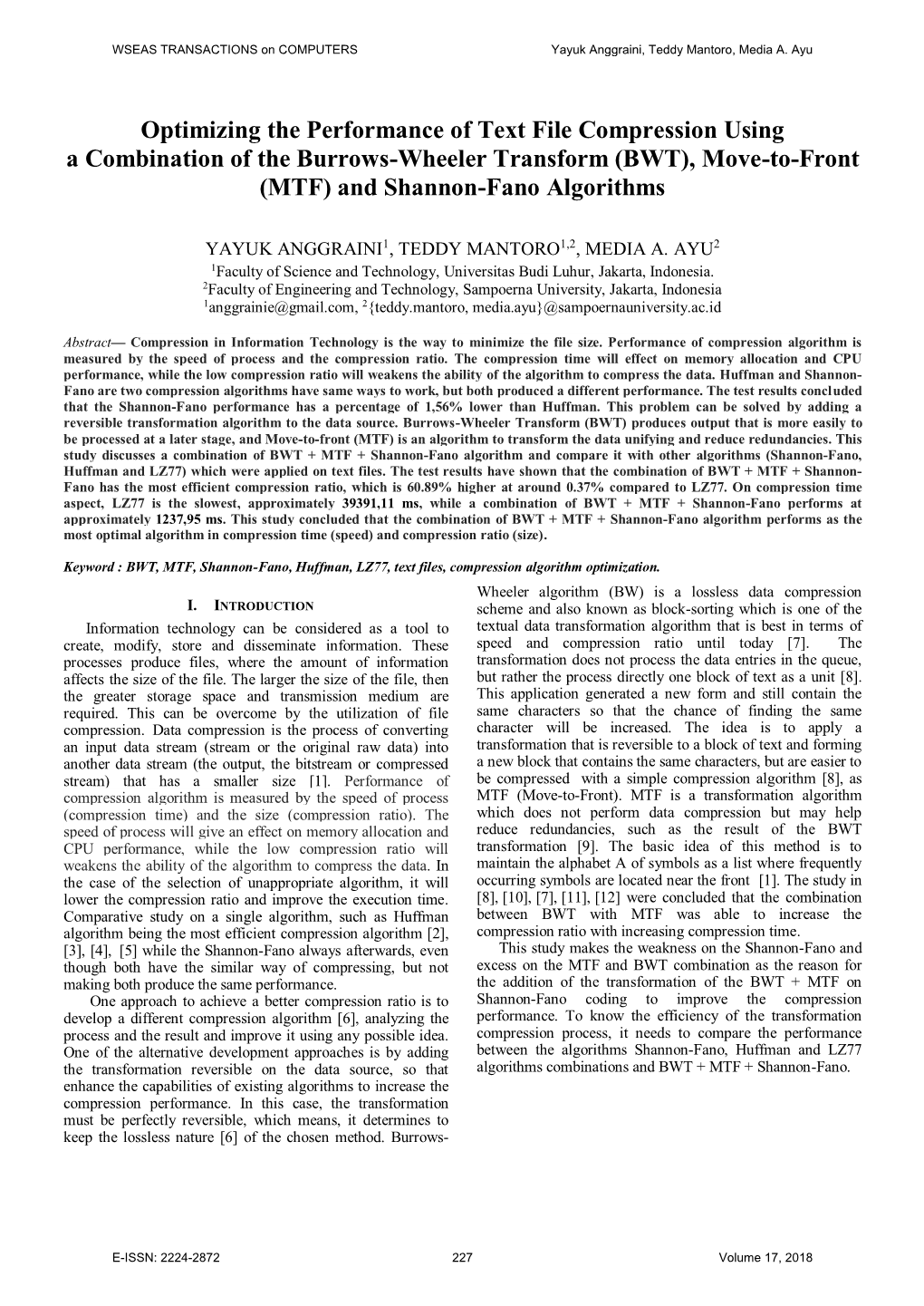 (BWT), Move-To-Front (MTF) and Shannon-Fano Algorithms