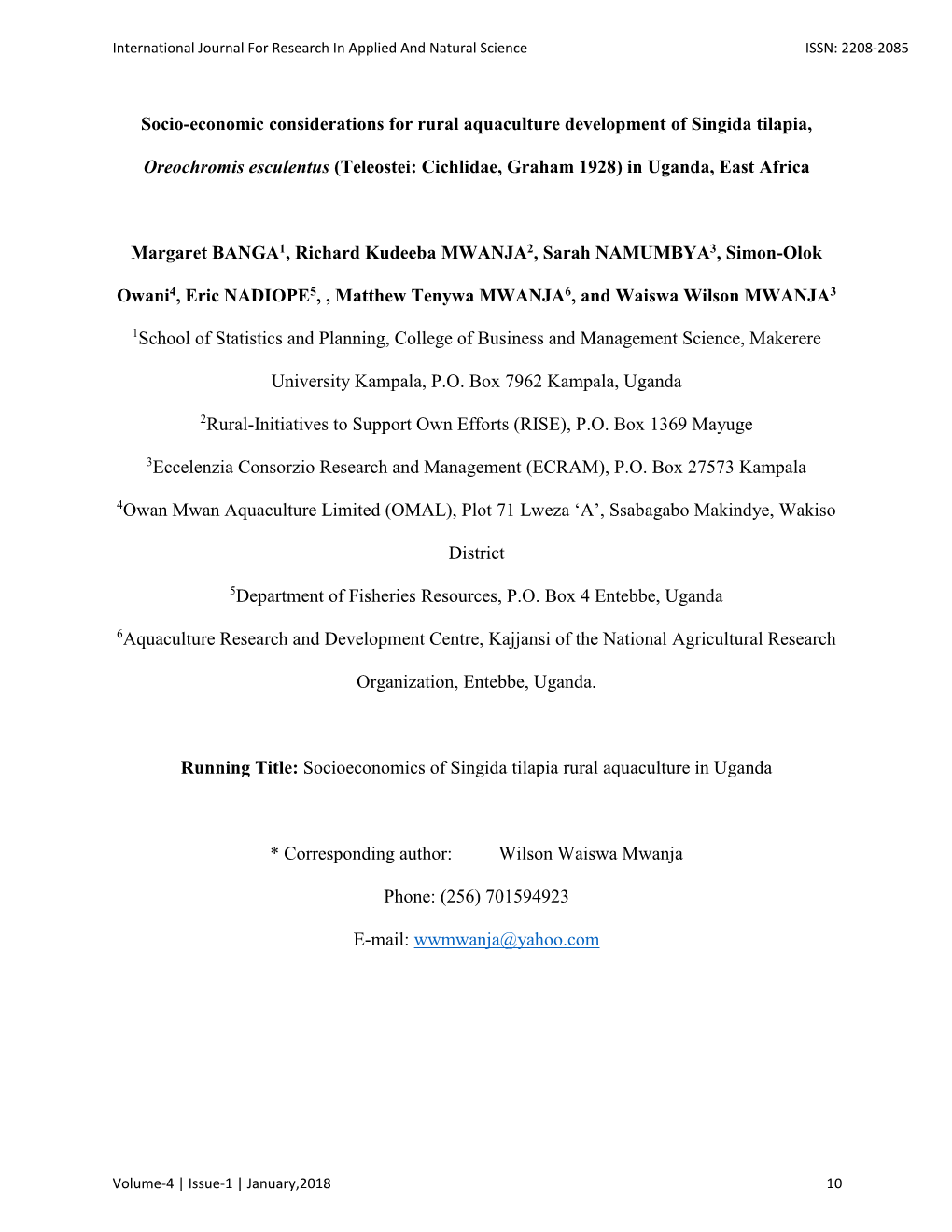 Socio-Economic Considerations for Rural Aquaculture Development of Singida Tilapia, Oreochromis Esculentus (Teleostei: Cichlidae