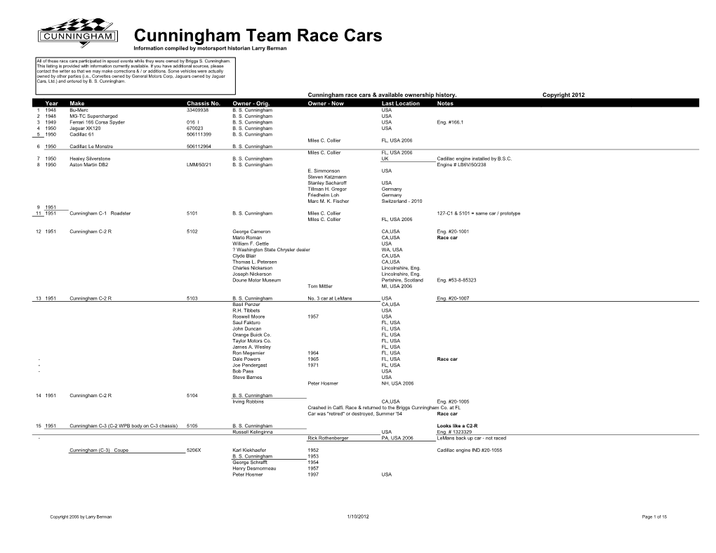 Cunningham Team Race Cars Information Compiled by Motorsport Historian Larry Berman