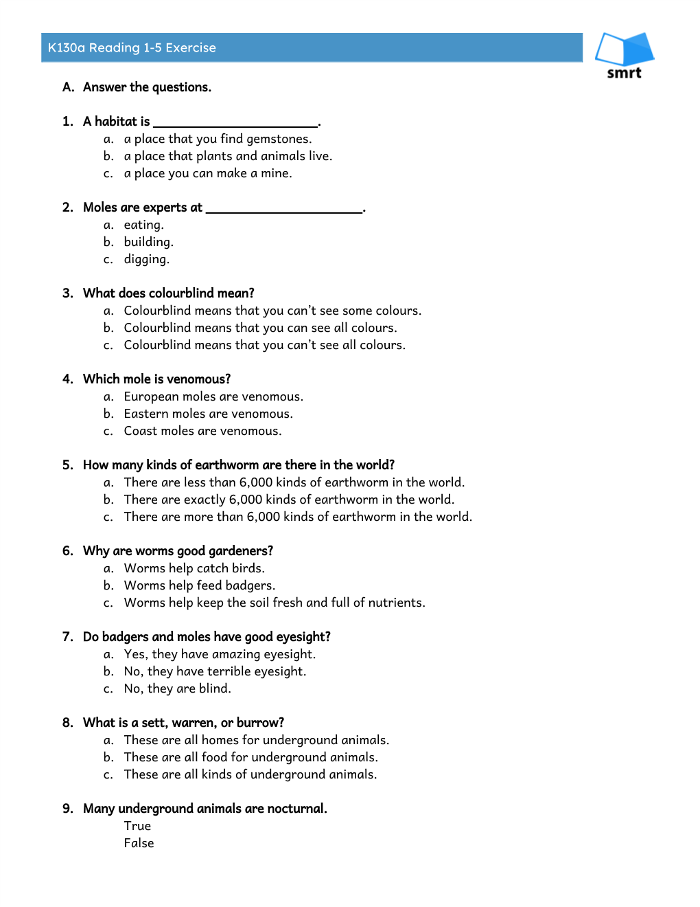 K130a Reading 1-5 Exercise A. Answer The