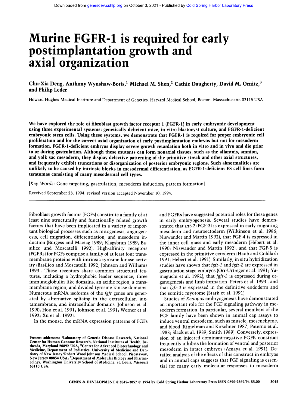 Murine FGFR-1 Is Required for Early Postimplantation Growth and Axial Organization