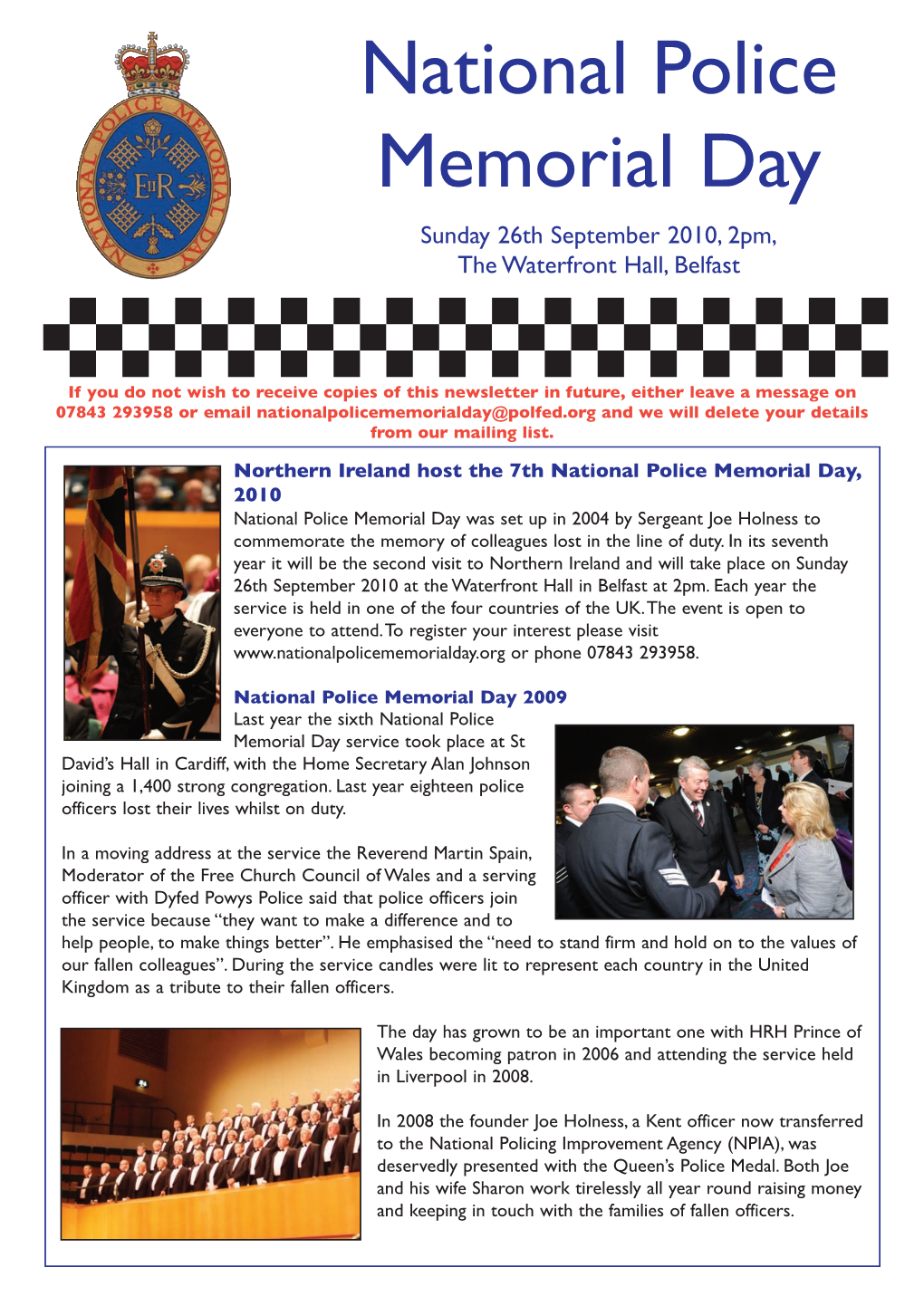 National Police Memorial Day Sunday 26Th September 2010, 2Pm, the Waterfront Hall, Belfast