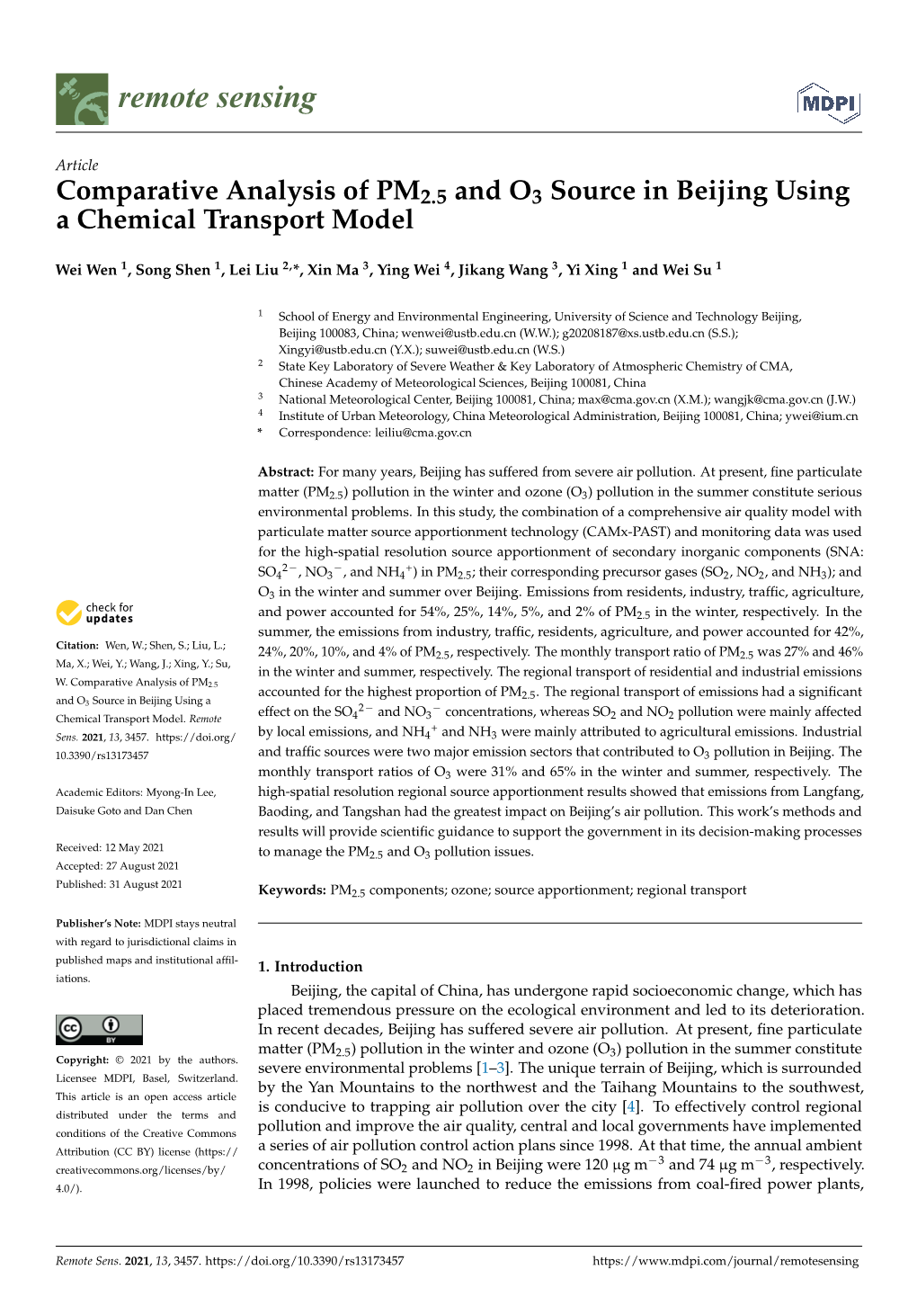 Comparative Analysis of PM2.5 and O3 Source in Beijing Using a Chemical Transport Model