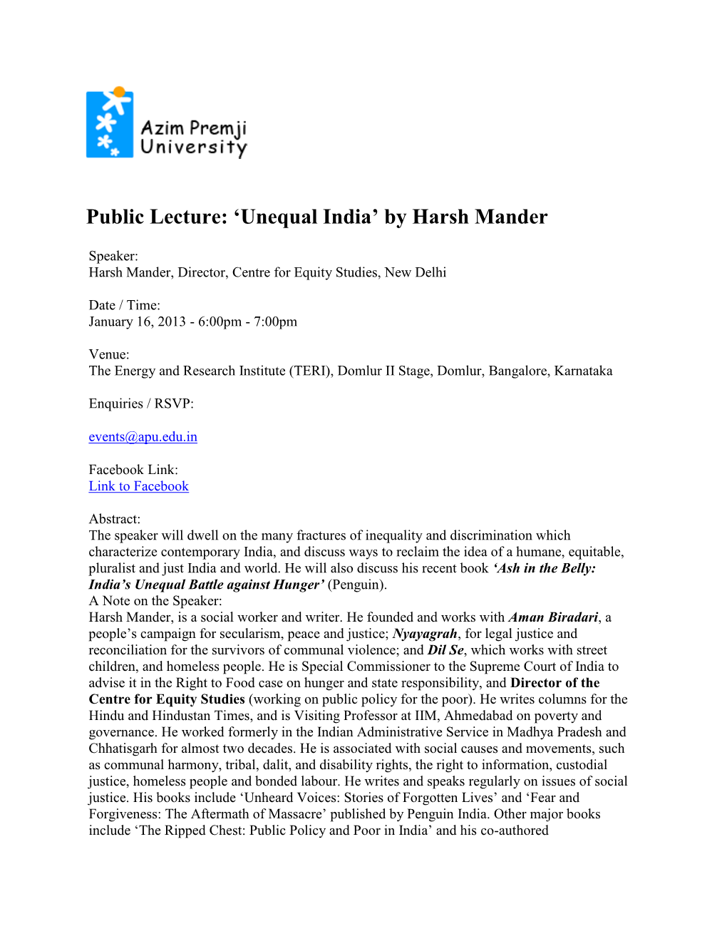 Public Lecture: 'Unequal India' by Harsh Mander