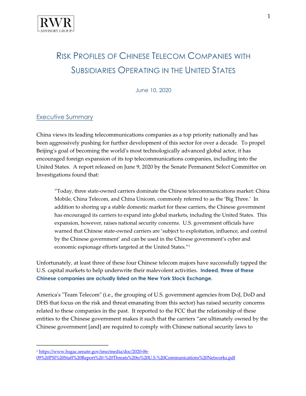 Risk Profiles of Chinese Telecom Companies with Subsidiaries Operating in the United States