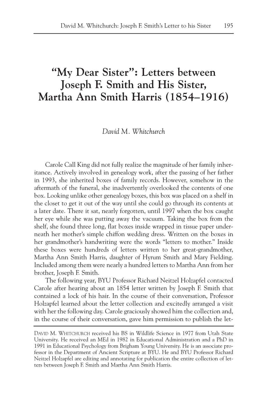 Letters Between Joseph F. Smith and His Sister, Martha Ann Smith Harris (1854–1916)