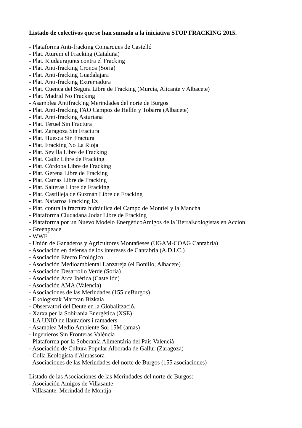 Listado De Colectivos Que Se Han Sumado a La Iniciativa STOP FRACKING 2015