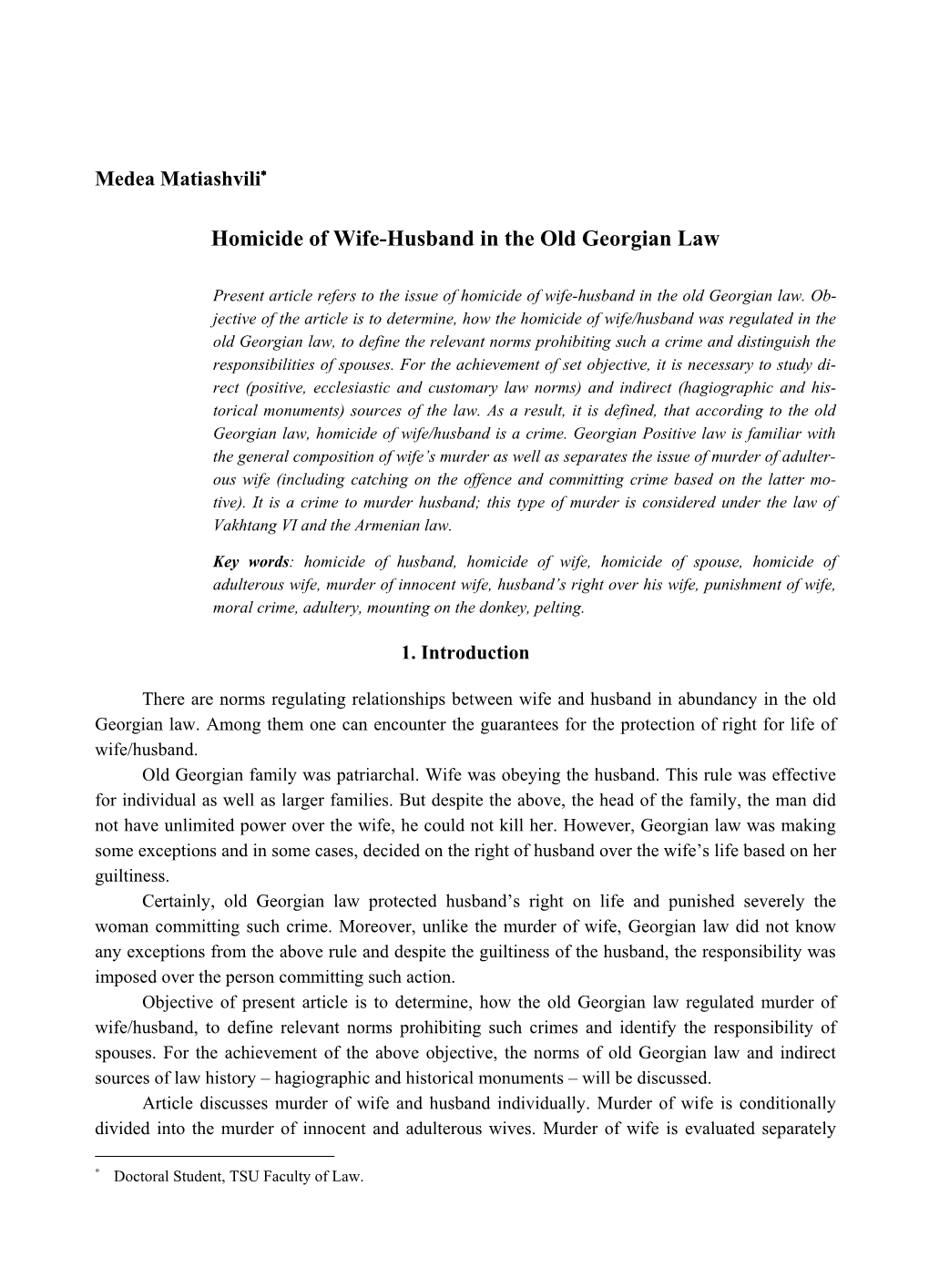 Homicide of Wife-Husband in the Old Georgian Law