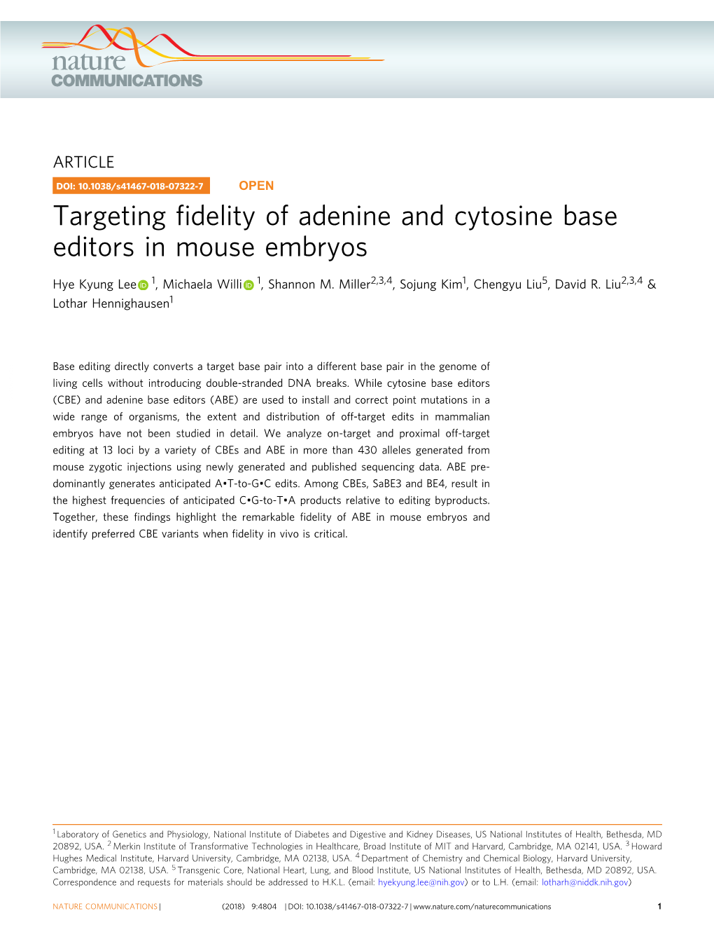Targeting Fidelity of Adenine and Cytosine Base Editors in Mouse Embryos