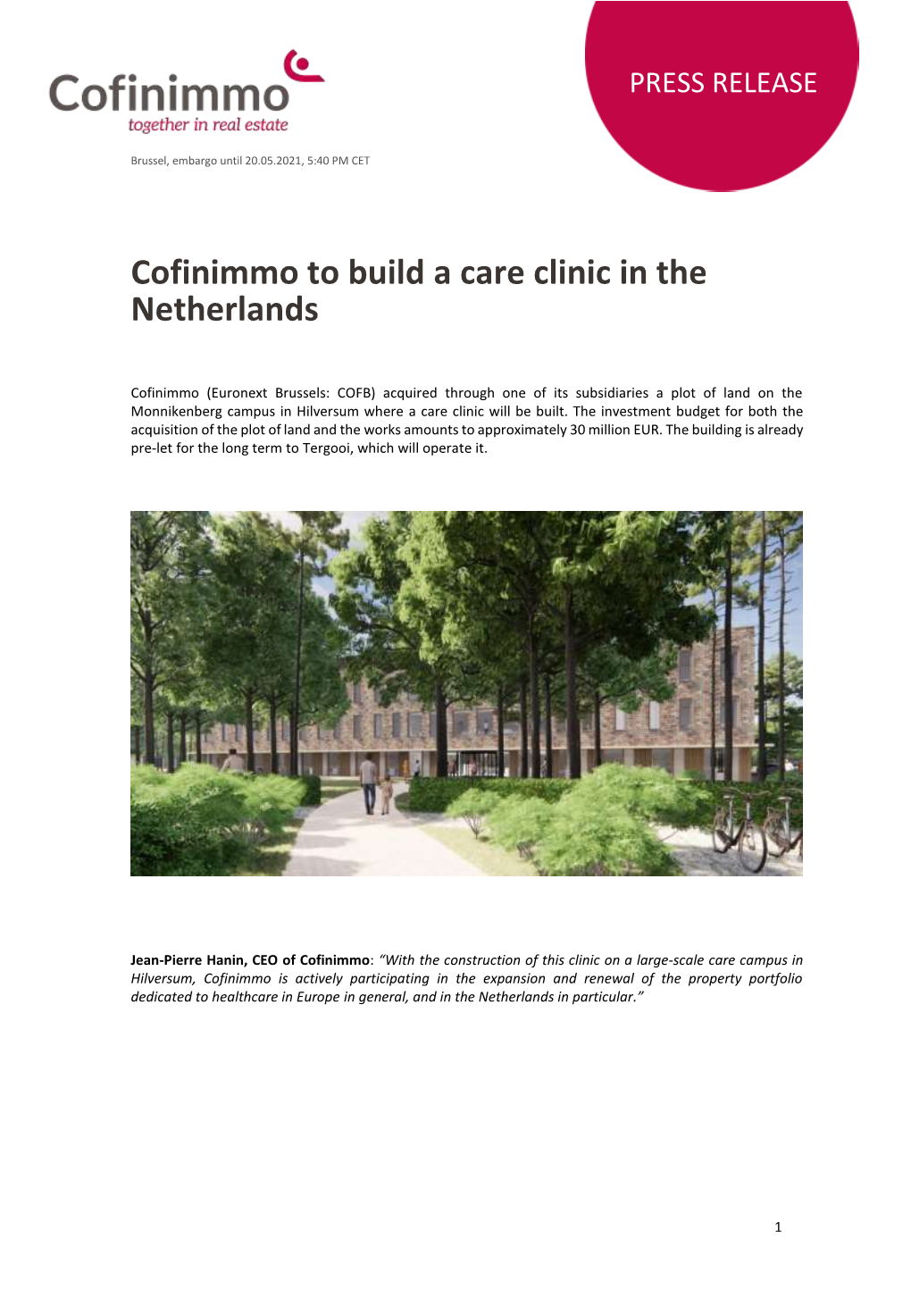 Cofinimmo to Build a Care Clinic in the Netherlands