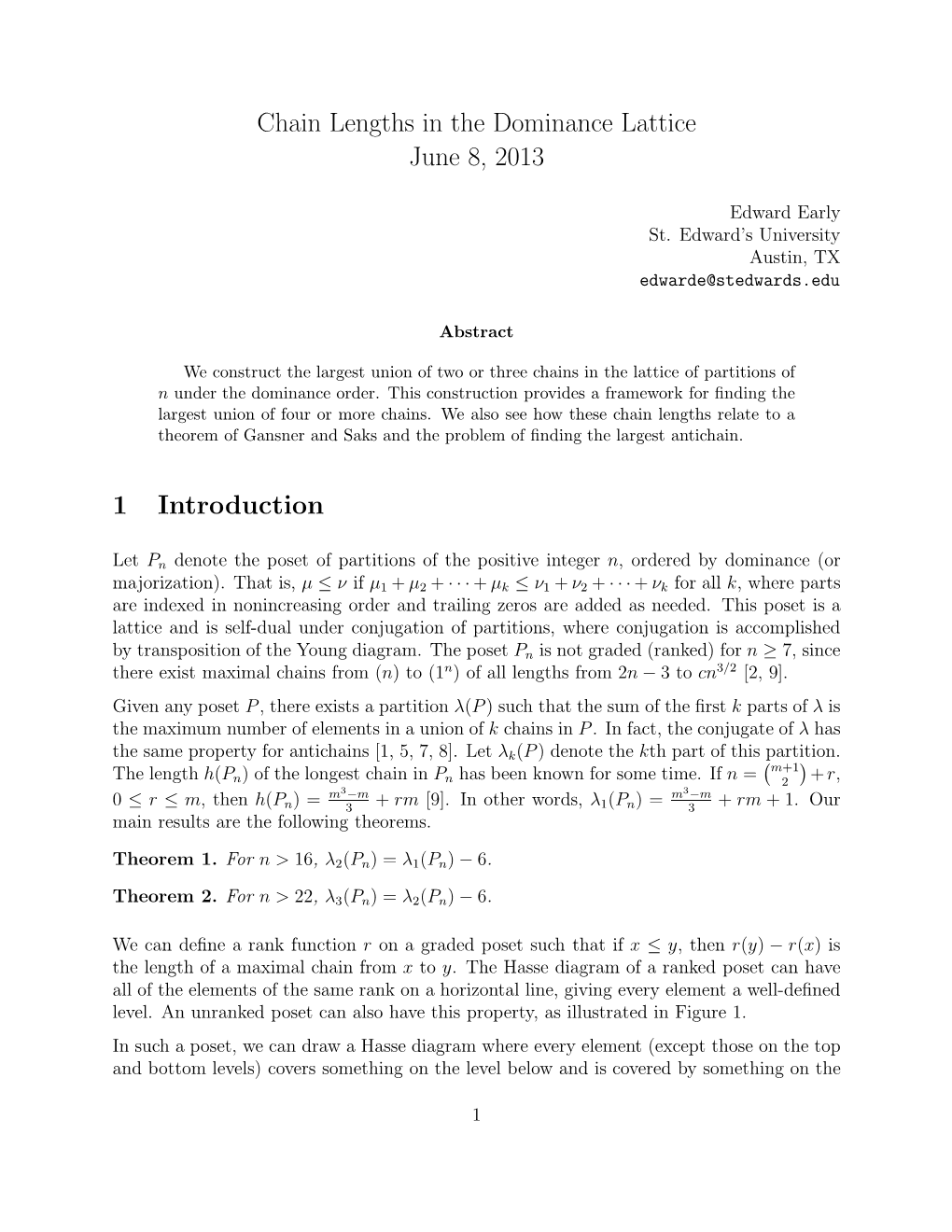 Chain Lengths in the Dominance Lattice June 8, 2013 1 Introduction