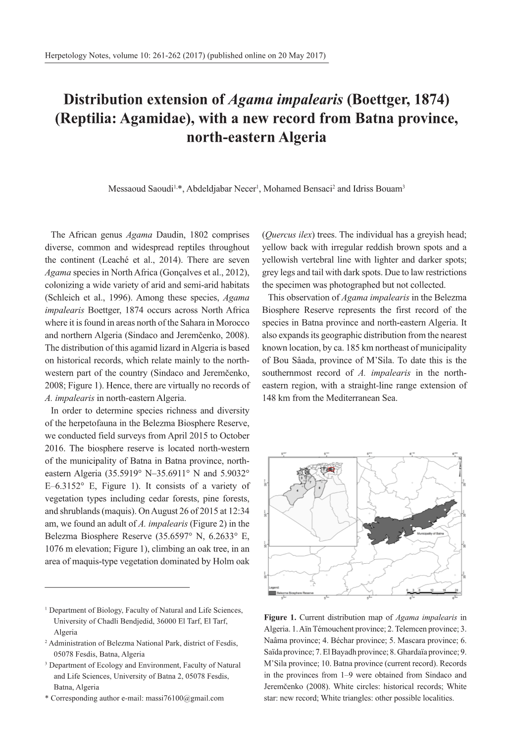 Distribution Extension of Agama Impalearis (Boettger, 1874) (Reptilia: Agamidae), with a New Record from Batna Province, North-Eastern Algeria