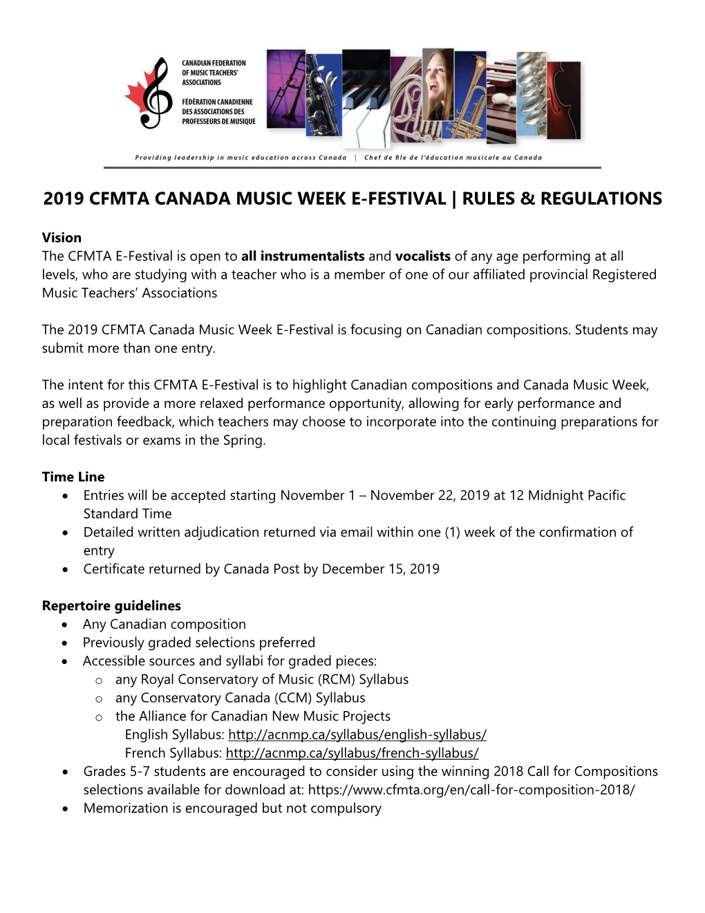 2019 Cfmta Canada Music Week E-Festival | Rules & Regulations