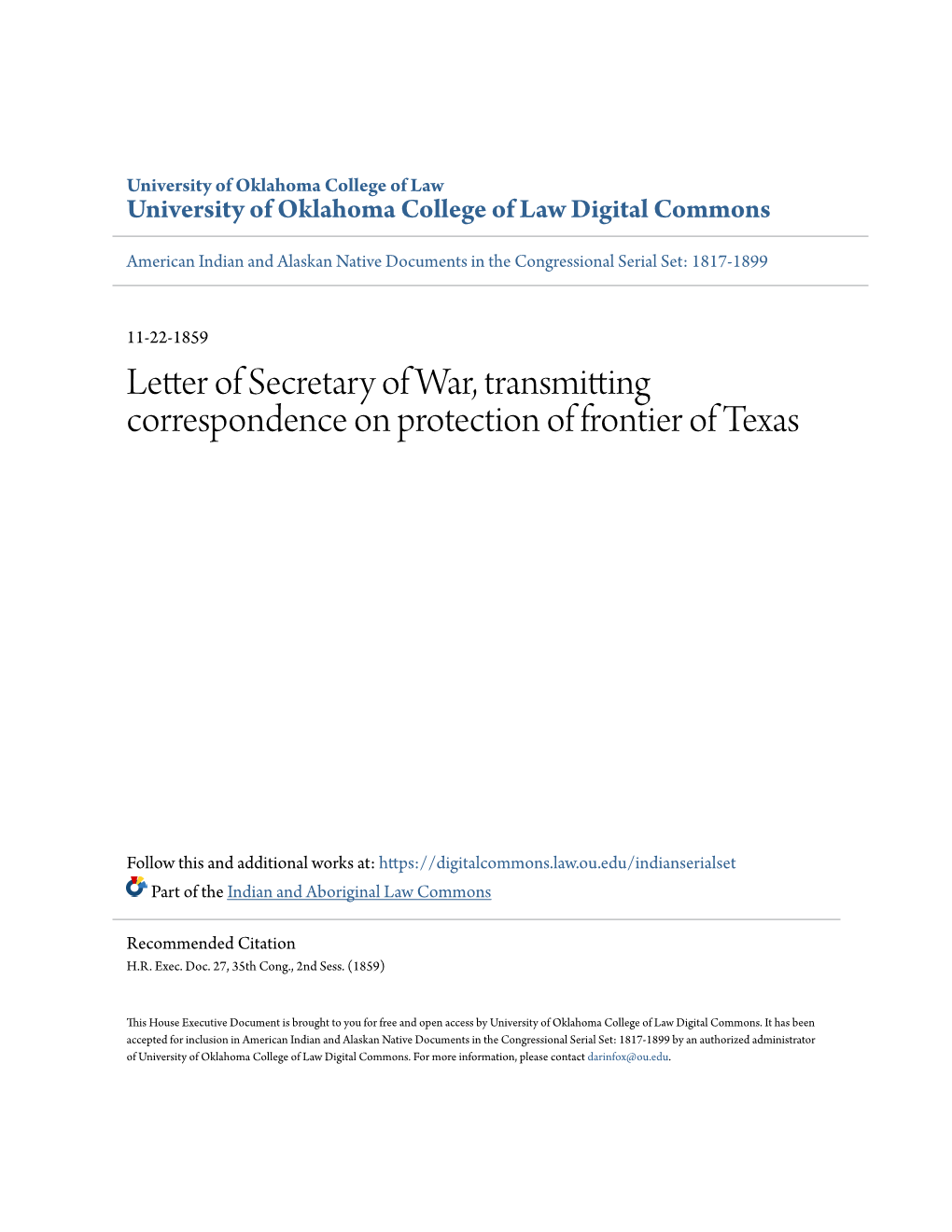 Letter of Secretary of War, Transmitting Correspondence on Protection of Frontier of Texas