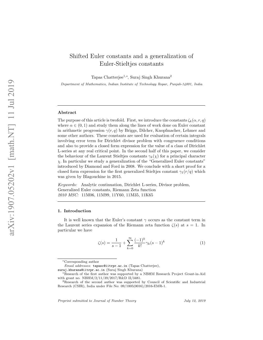 Shifted Euler Constants and a Generalization of Euler-Stieltjes