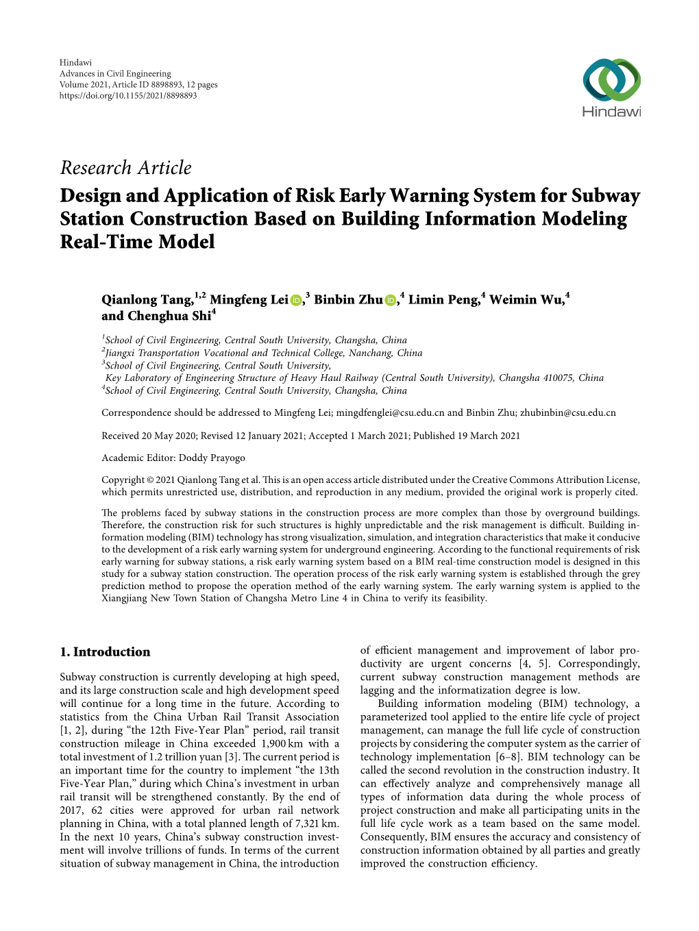 Design and Application of Risk Early Warning System for Subway Station Construction Based on Building Information Modeling Real-Time Model