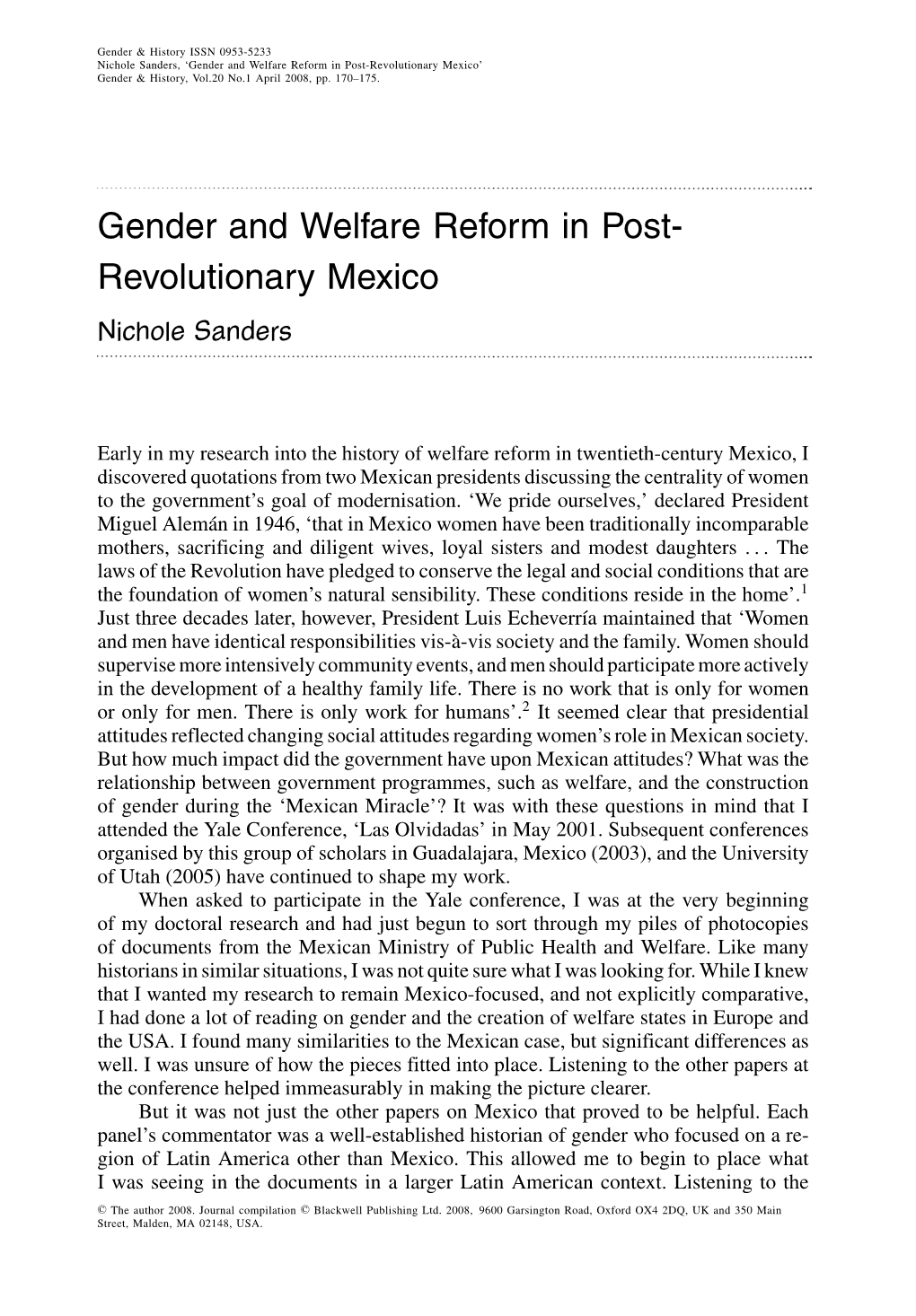 Gender and Welfare Reform in Post- Revolutionary Mexico Nichole Sanders