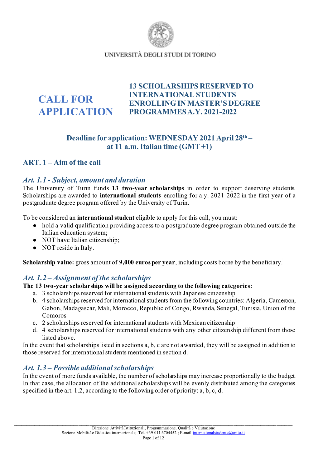 Call for Application in the University of Turin;