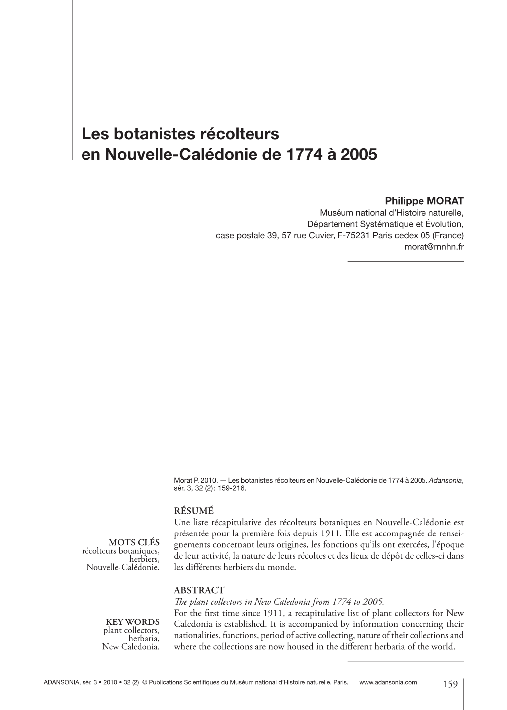 Les Botanistes Récolteurs En Nouvelle-Calédonie De 1774 À 2005