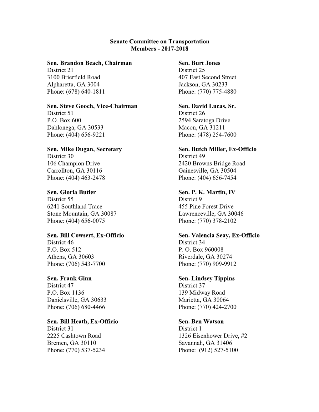 Senate Committee on Transportation Members - 2017-2018