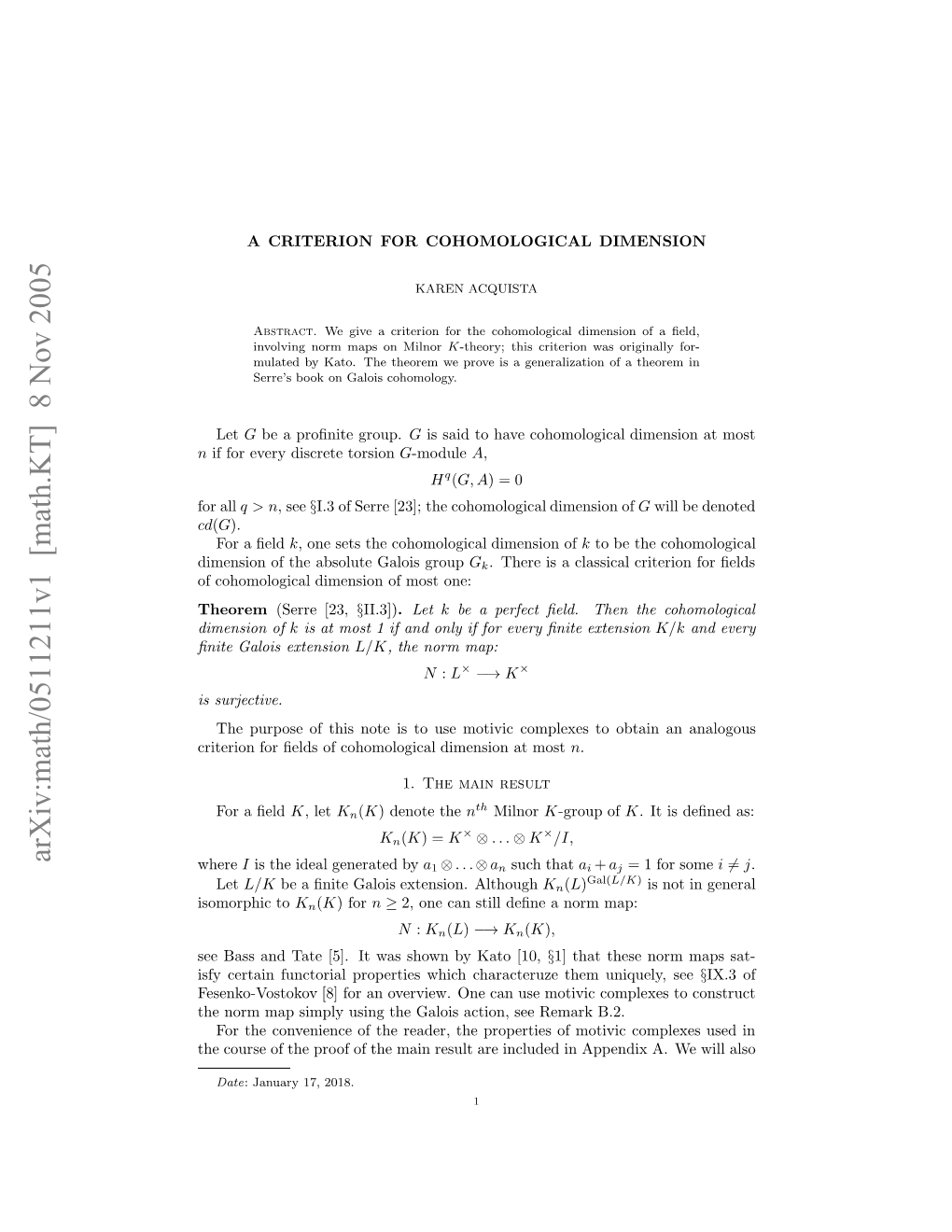 Arxiv:Math/0511211V1 [Math.KT] 8 Nov 2005 H Ommpsml Sn H Aosato,Sermr B.2