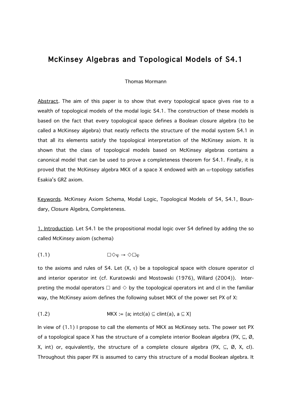 Mckinsey Algebras and Topological Models of S4.1