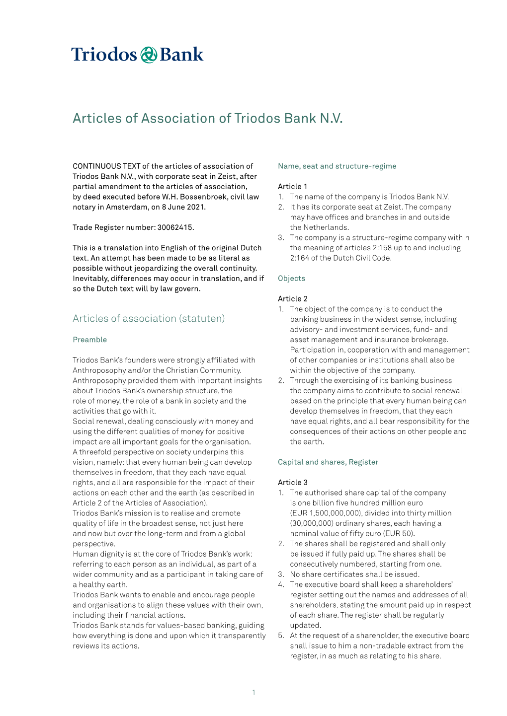 Articles of Association of Triodos Bank N.V