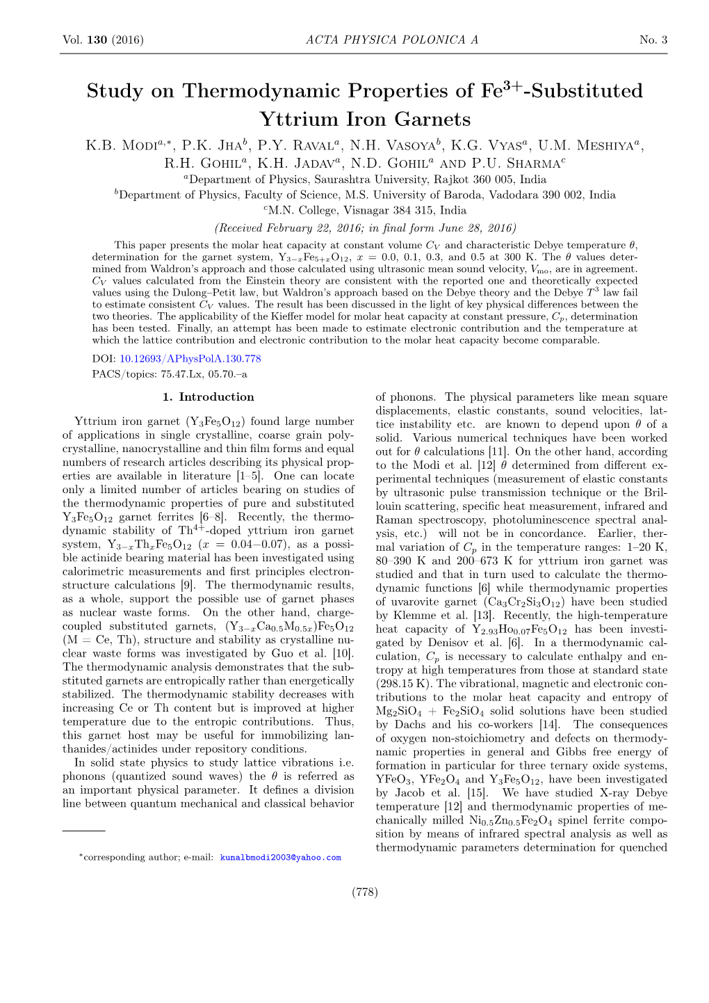 Study on Thermodynamic Properties of Fe3+-Substituted Yttrium Iron Garnets K.B