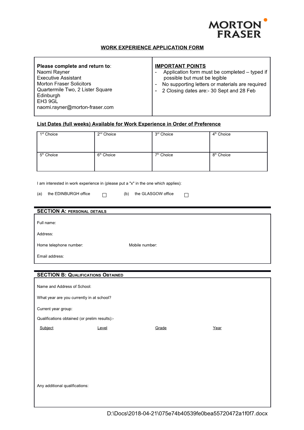 Work Experience Application Form s1