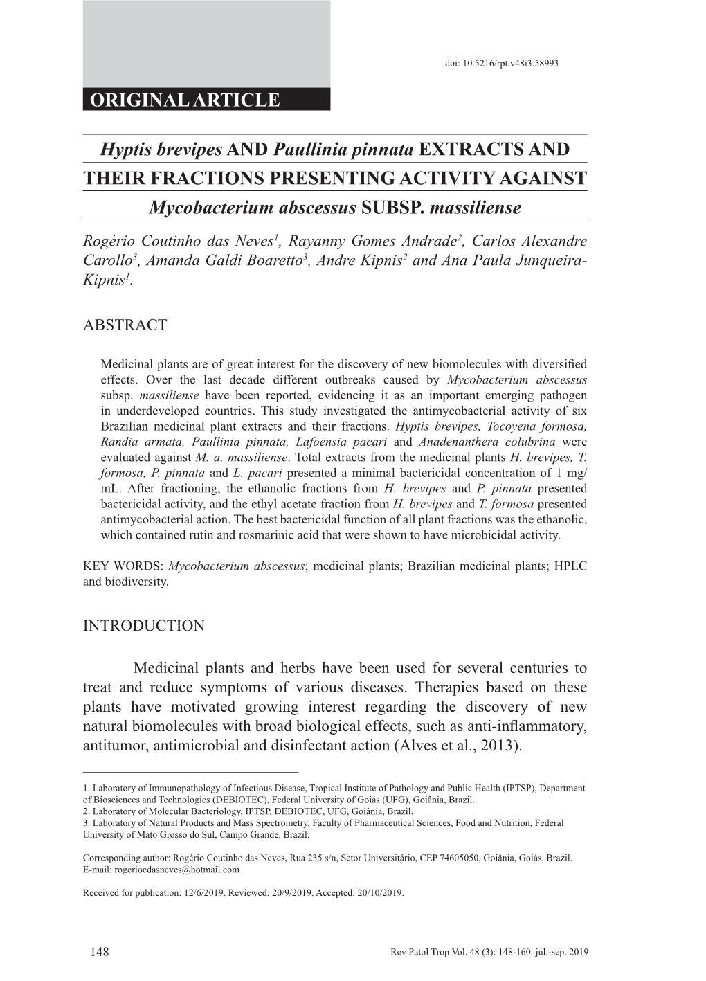 Hyptis Brevipes and Paullinia Pinnata EXTRACTS and THEIR FRACTIONS PRESENTING ACTIVITY AGAINST Mycobacterium Abscessus Subsp