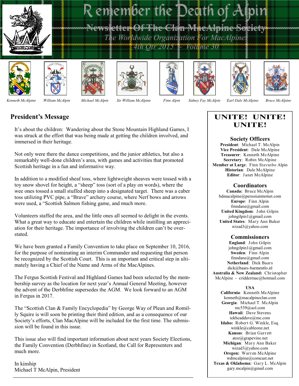 Newsletter of the Clan Macalpine Society the Worldwide Organization for Macalpines 4Th Qtr 2015 ~ Volume 30