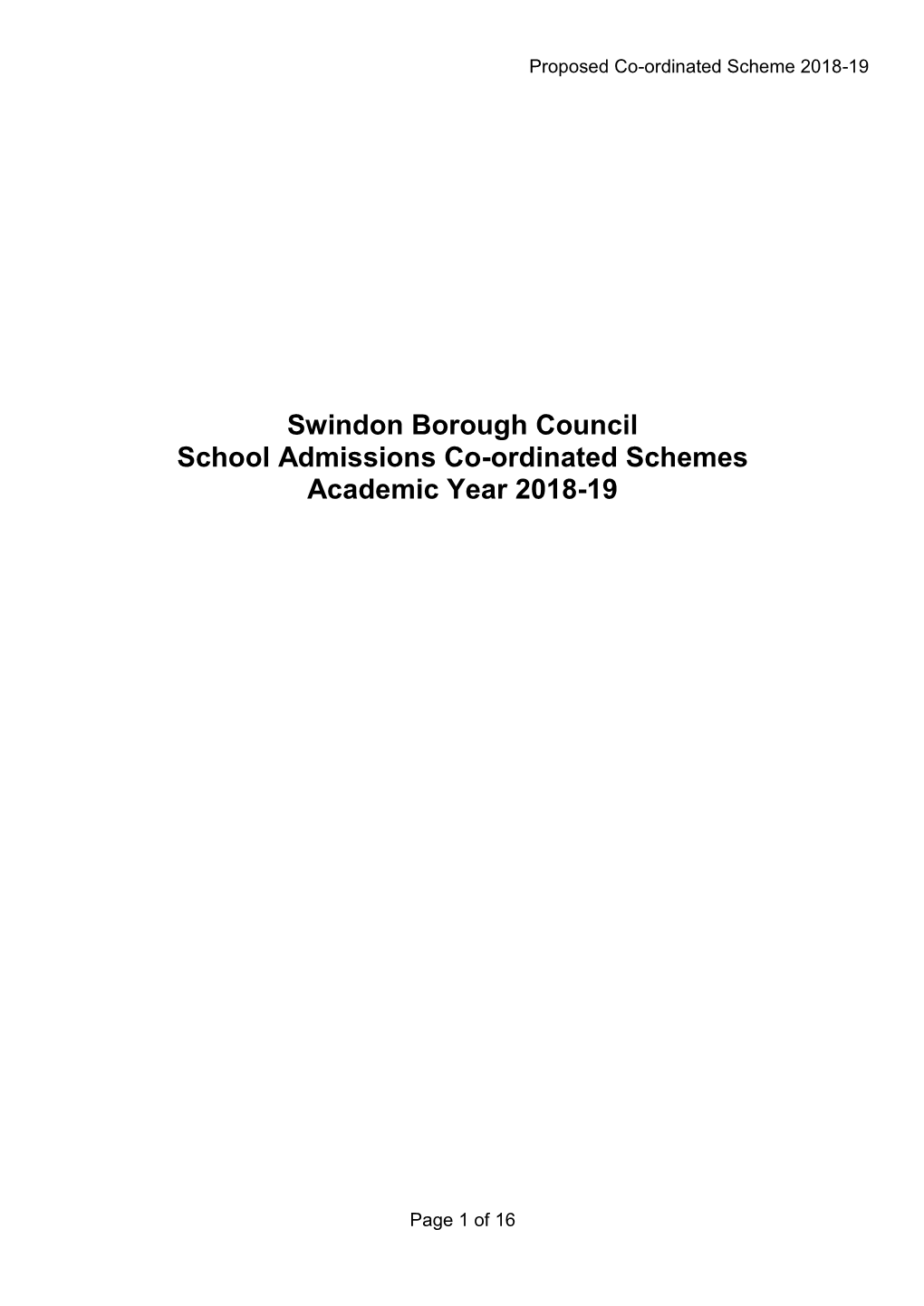 Swindon Borough Council School Admissions Co-Ordinated Schemes Academic Year 2018-19