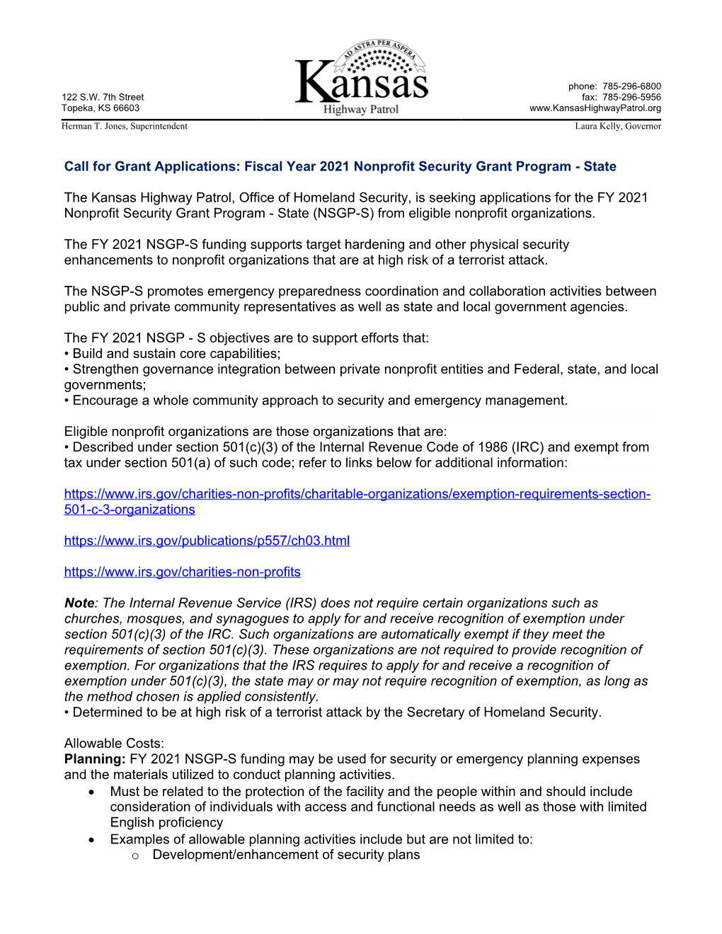 Call for Grant Applications: Fiscal Year 2021 Nonprofit Security Grant Program - State