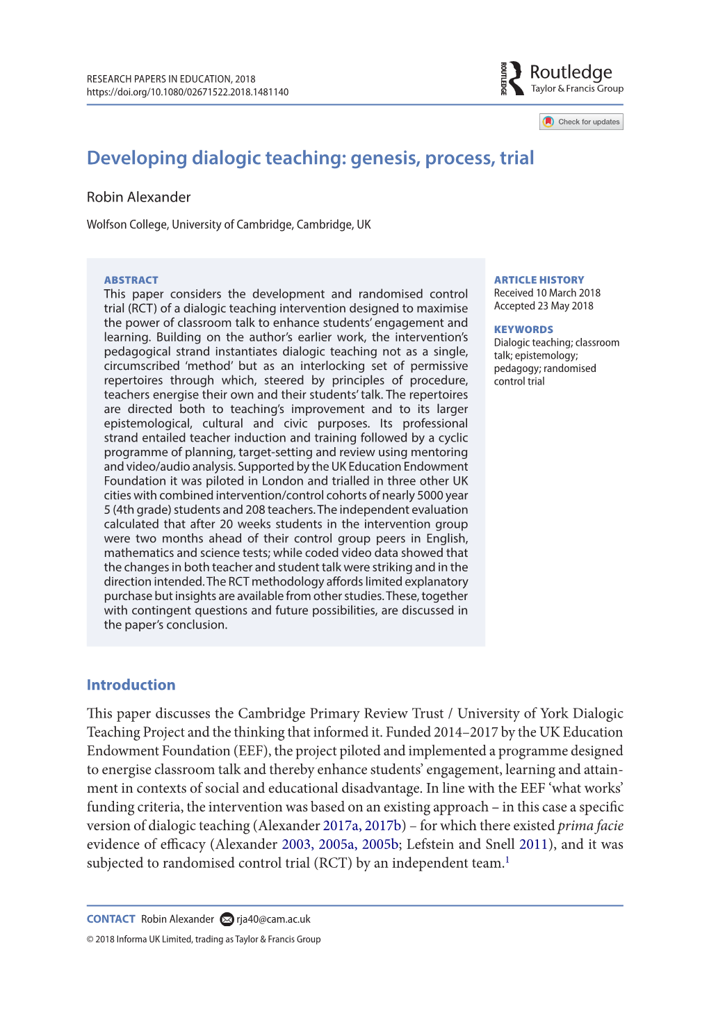 Developing Dialogic Teaching: Genesis, Process, Trial